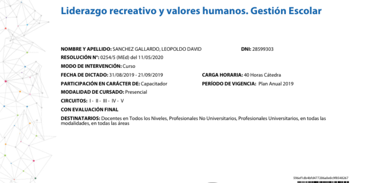 Curso: Liderazgo Recreativo y Valores Humanos. Gestión escolar